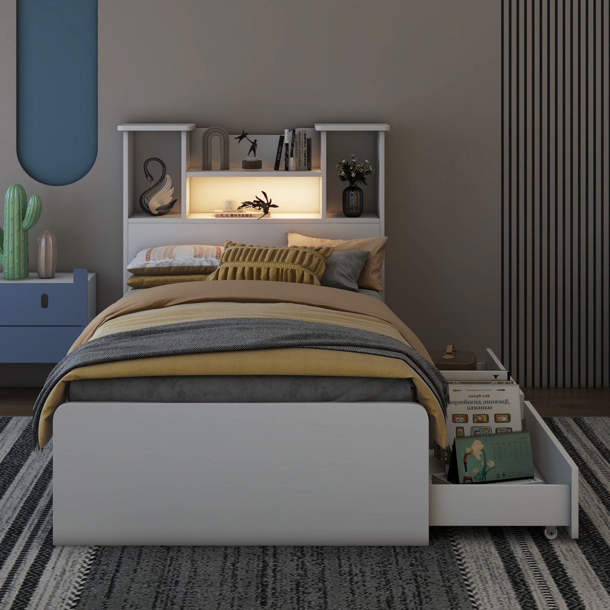 Streamdale Furniture Size Storage Platform Bed Frame With 4 Open Storage Shelves And 2 Storage Drawers, Led Light