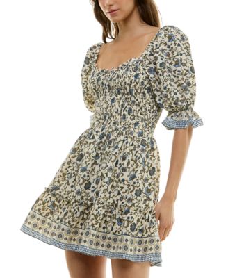 B Darlin - Juniors' Floral-Print Smocked Puffed-Sleeve Dress