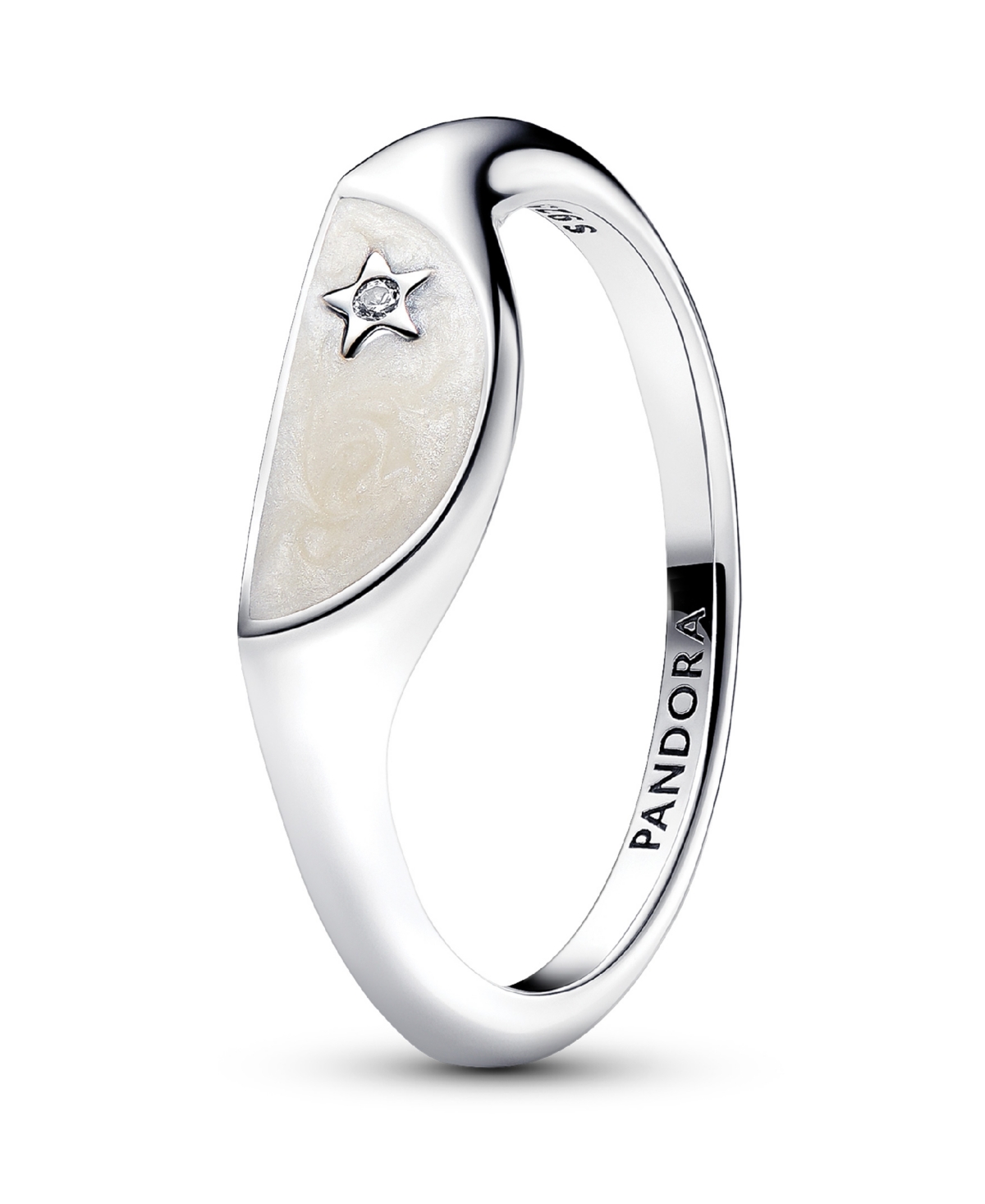 Pandora Halved Enamel Signet With Clear Cubic Zirconia Stones Ring In Silver