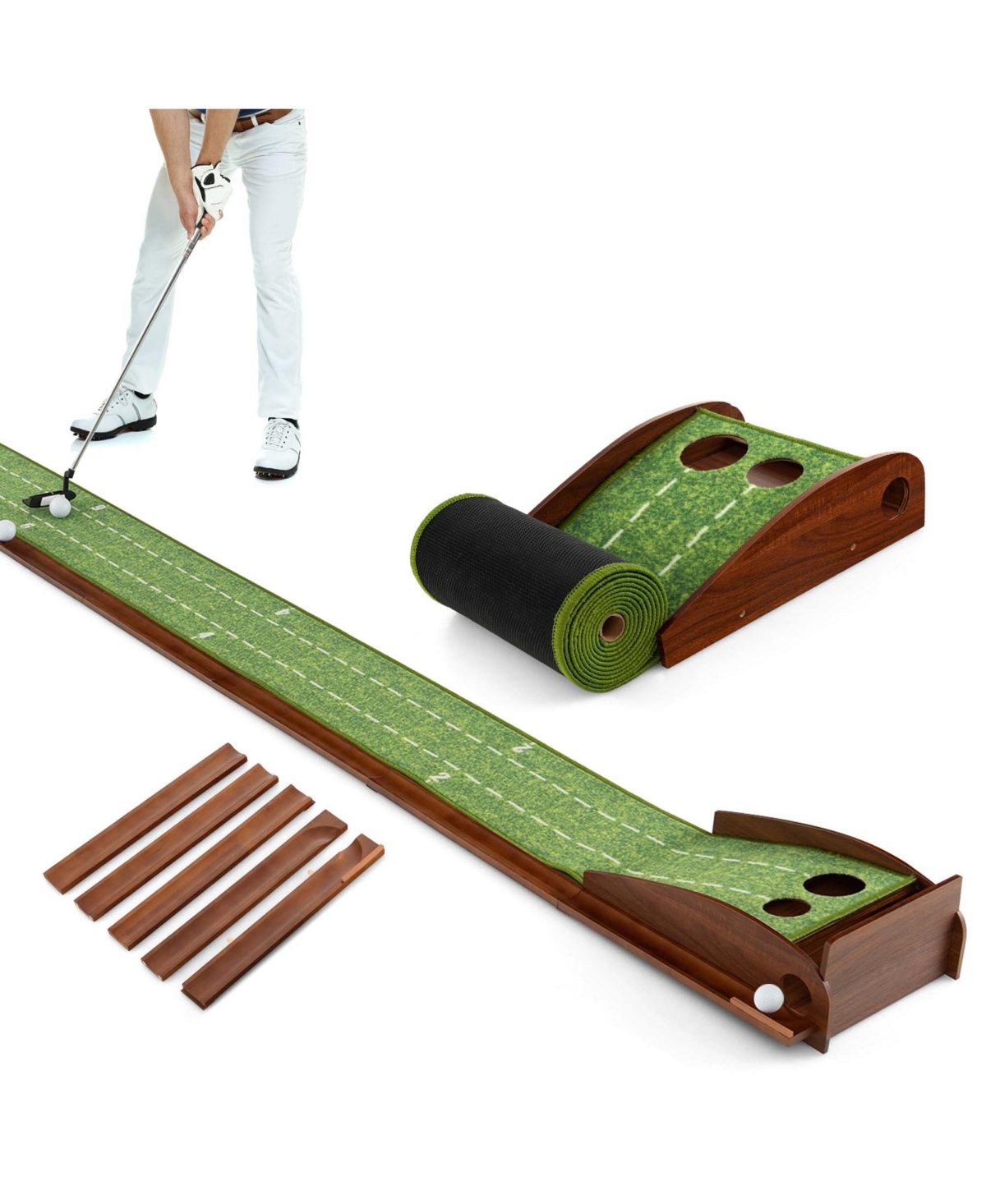 Putting Green Practice Golf Putting Mat with Auto Ball Return and 3 Hole Sizes - Green