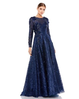 Mac Duggal Women's Embellished Illusion Long Sleeve A Line Gown - Macy's