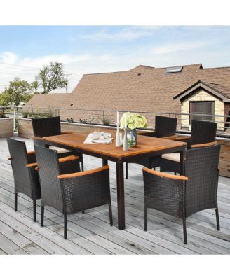 7PCS Rattan Outdoor Dining Set Patio Furniture Set w/ Cushions Umbrella Hole
