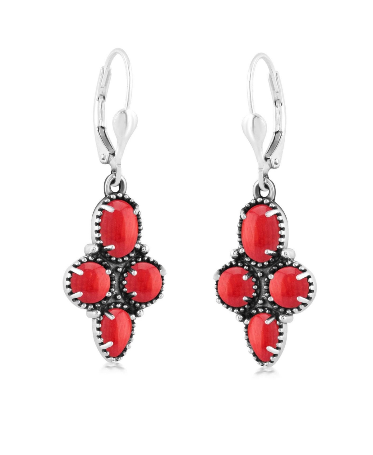 Sterling Silver and Genuine Gemstone Lever Back Earrings - Red coral