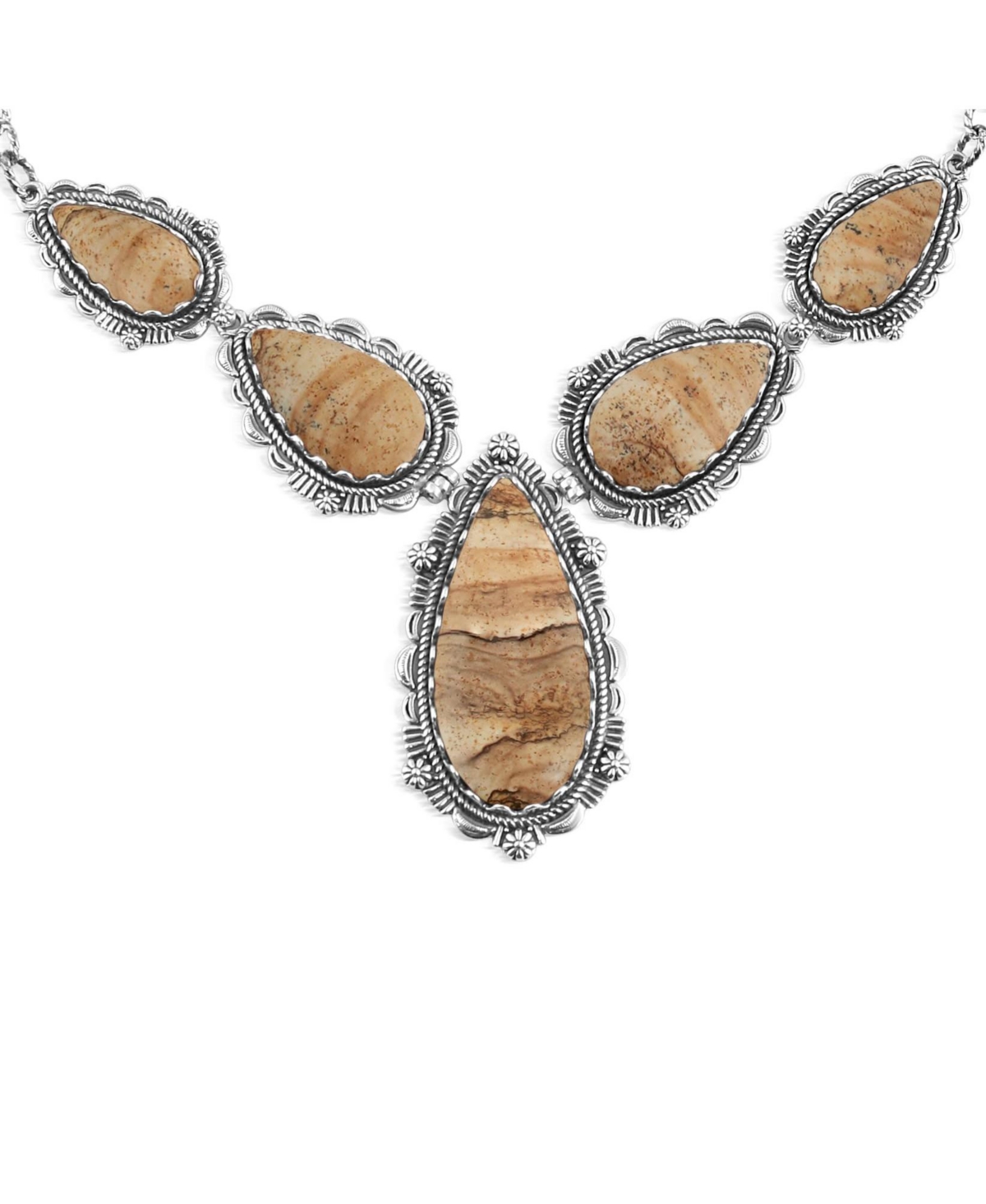 Sterling Silver Women's Statement Necklace with Genuine Pear Shaped Gemstones, 17- 20 Inches - Picture jasper