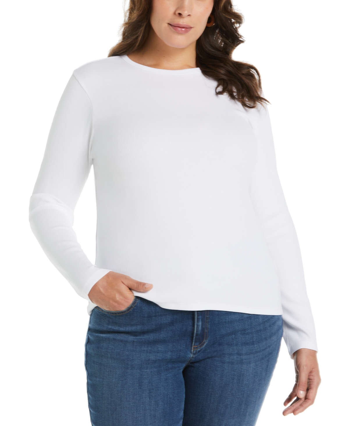 Plus Size Ribbed Crew Neck Long Sleeve Top - Cosmo Pink