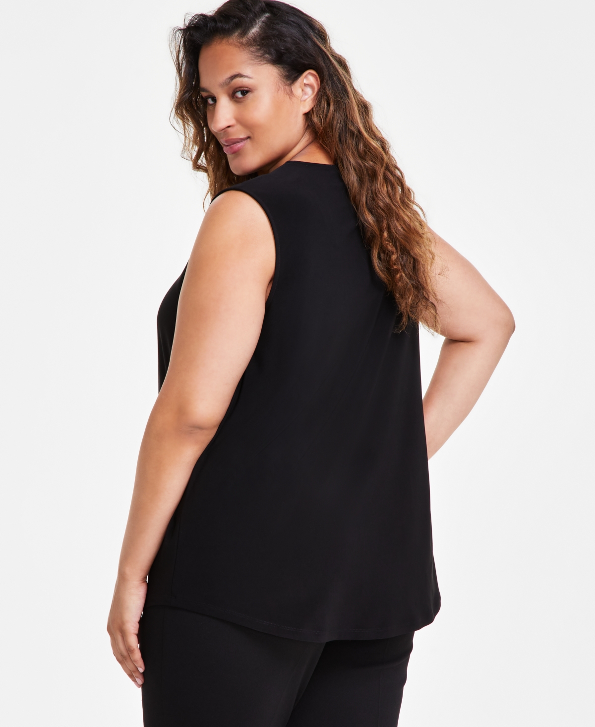 Anne Klein Plus Size V-Neck Pleat-Front Sleeveless Top