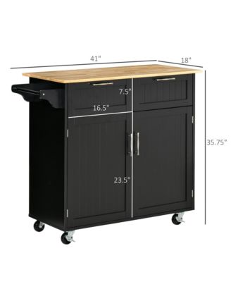 41" Modern Rolling Kitchen Island on Wheels, Utility Cart Storage Trolley with Rubberwood Top & Drawers, Black