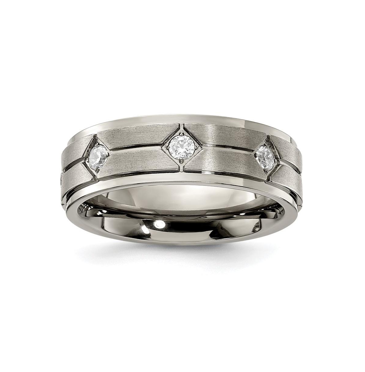 Titanium Polished with Brushed Center with Cz Wedding Band Ring - Grey