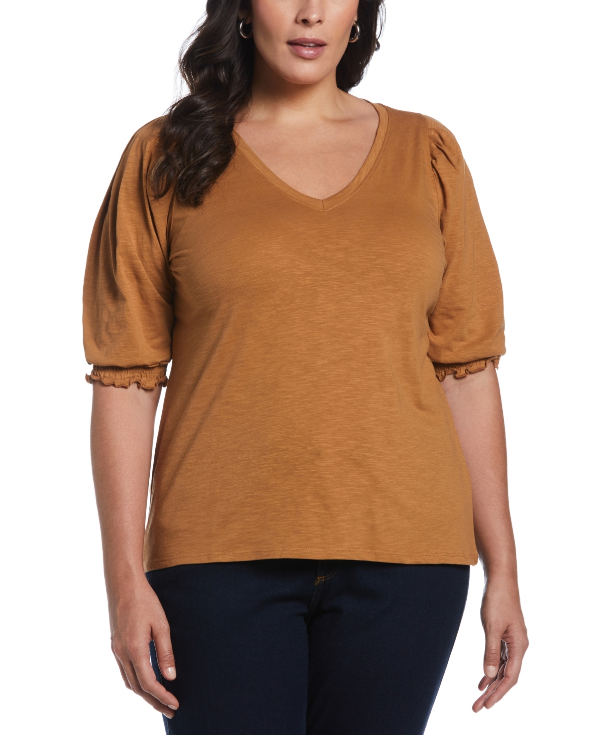 ELLA RAFAELLA PLUS SIZE COTTON SMOCKED ELBOW SLEEVE TOP 