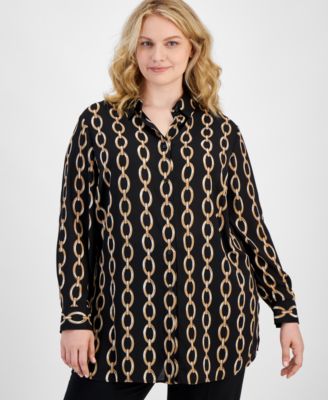 Anne Klein - Plus Size Printed Collared Button-Front Shirt