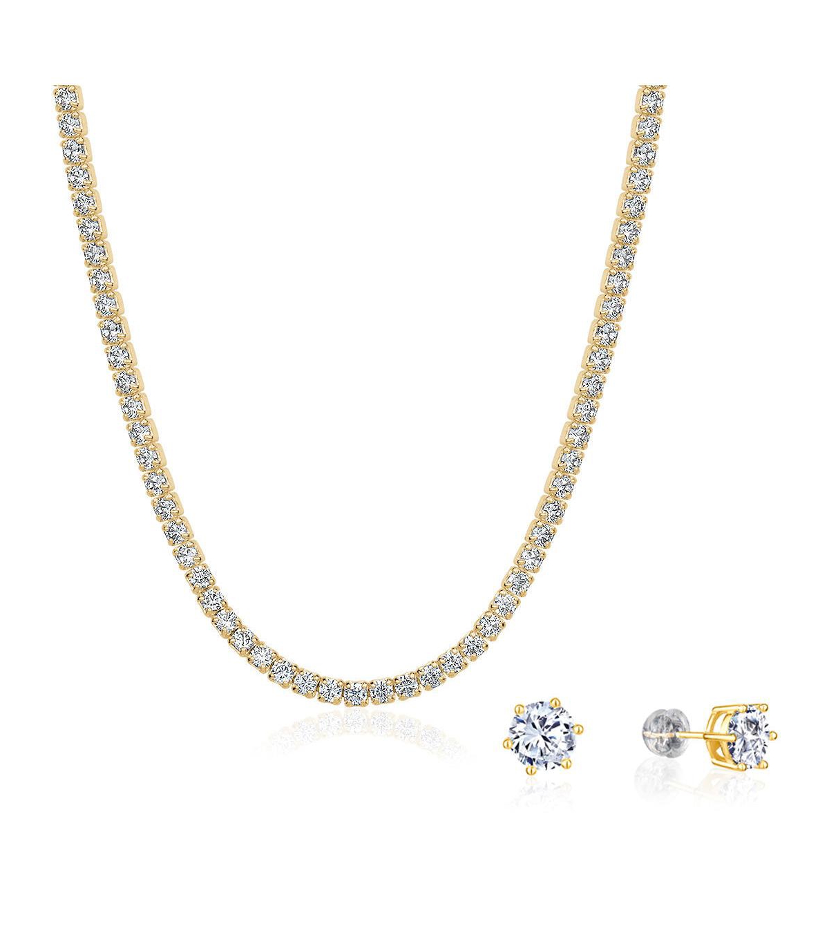 5A Cubic Zirconia Tennis Necklace and 7mm Stud Earrings Set (18K Gold) - Gold