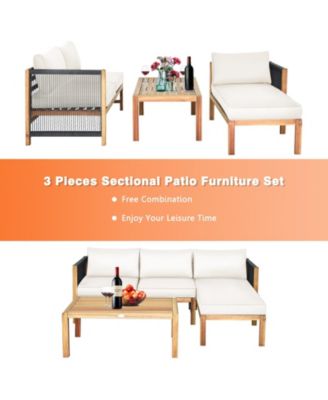3 Pieces Patio Acacia Wood Sofa Conversation Sets with Nylon Rope Armrest