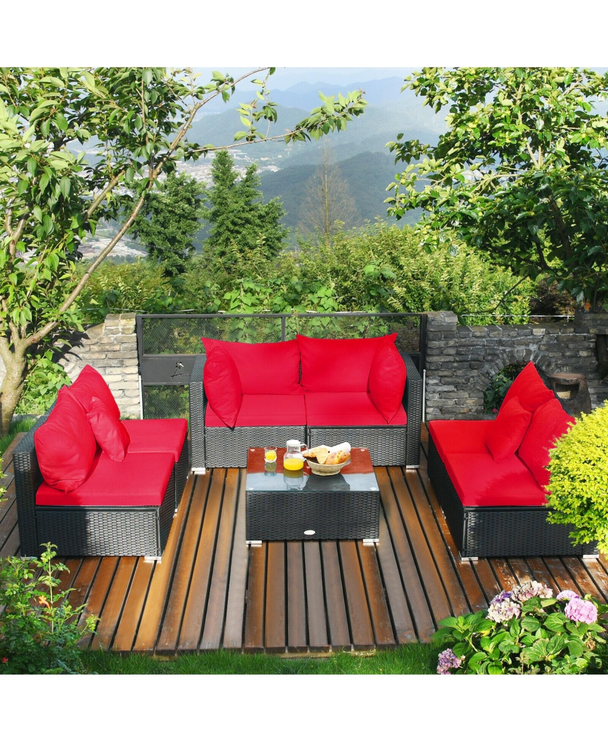7 Pieces Sectional Wicker Furniture Sofa Set Conversation Sets with Tempered Glass Top