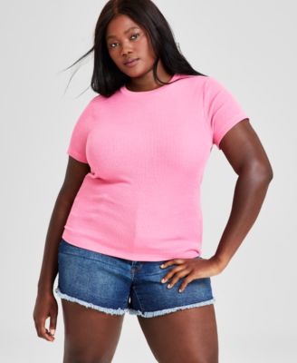 And Now This - Trendy Plus Size Cropped Crewneck Ribbed Tee