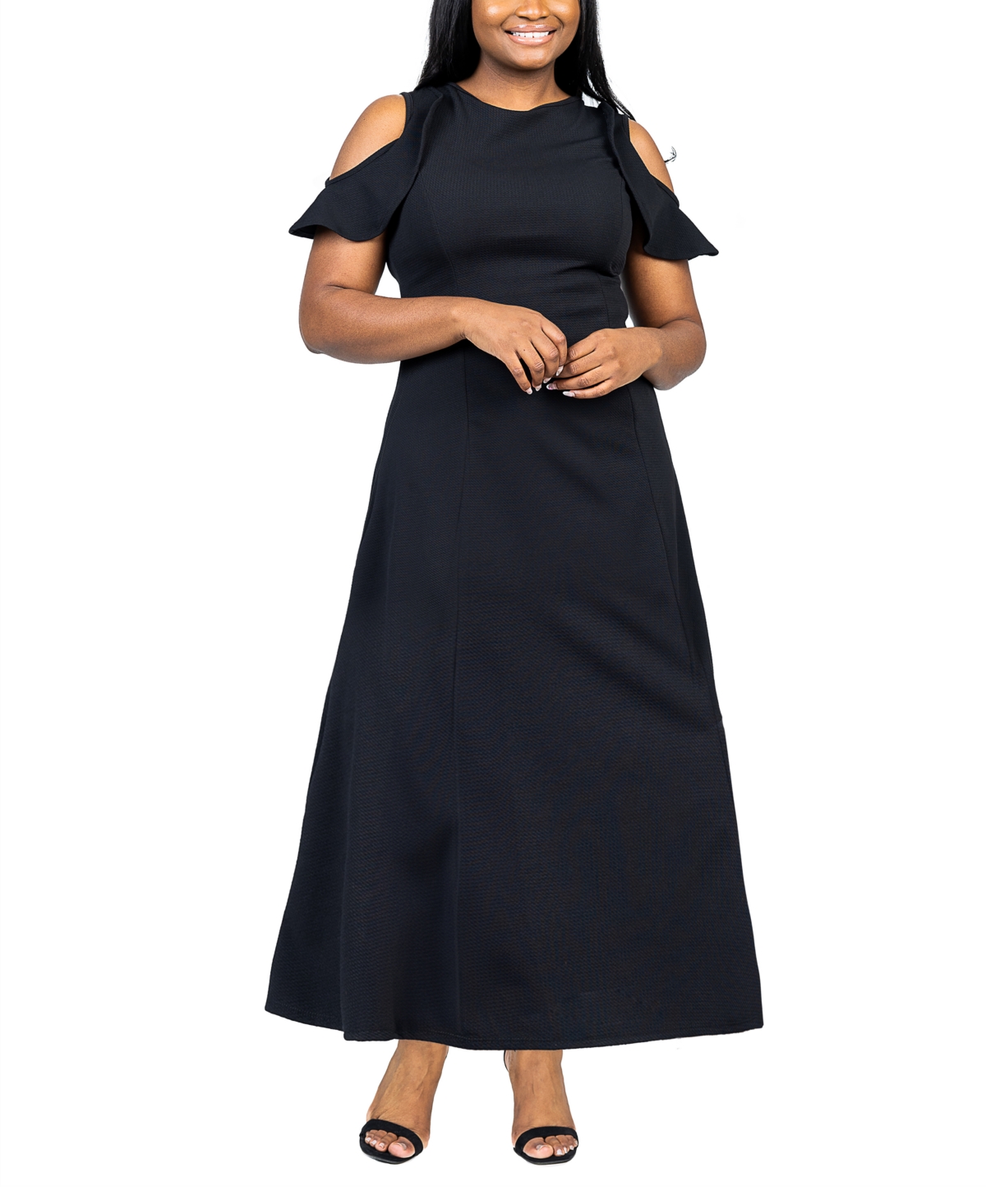 24seven Comfort Apparel Plus Size Ruffle Cold Shoulder A Line Maxi Dress In Black