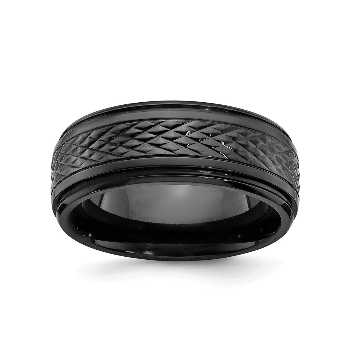 Black Zirconium Polished Ridged Edge Wedding Band Ring - Black
