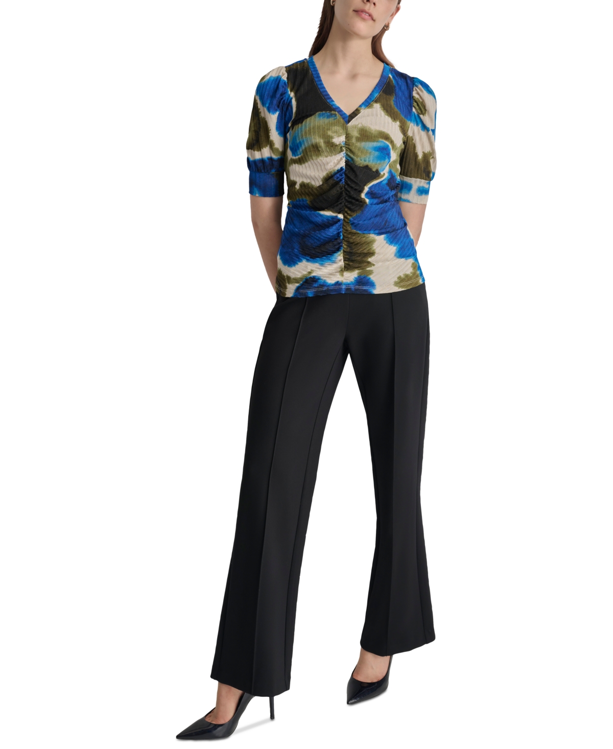 Dkny Women's Printed Puff-Sleeve Knit Top