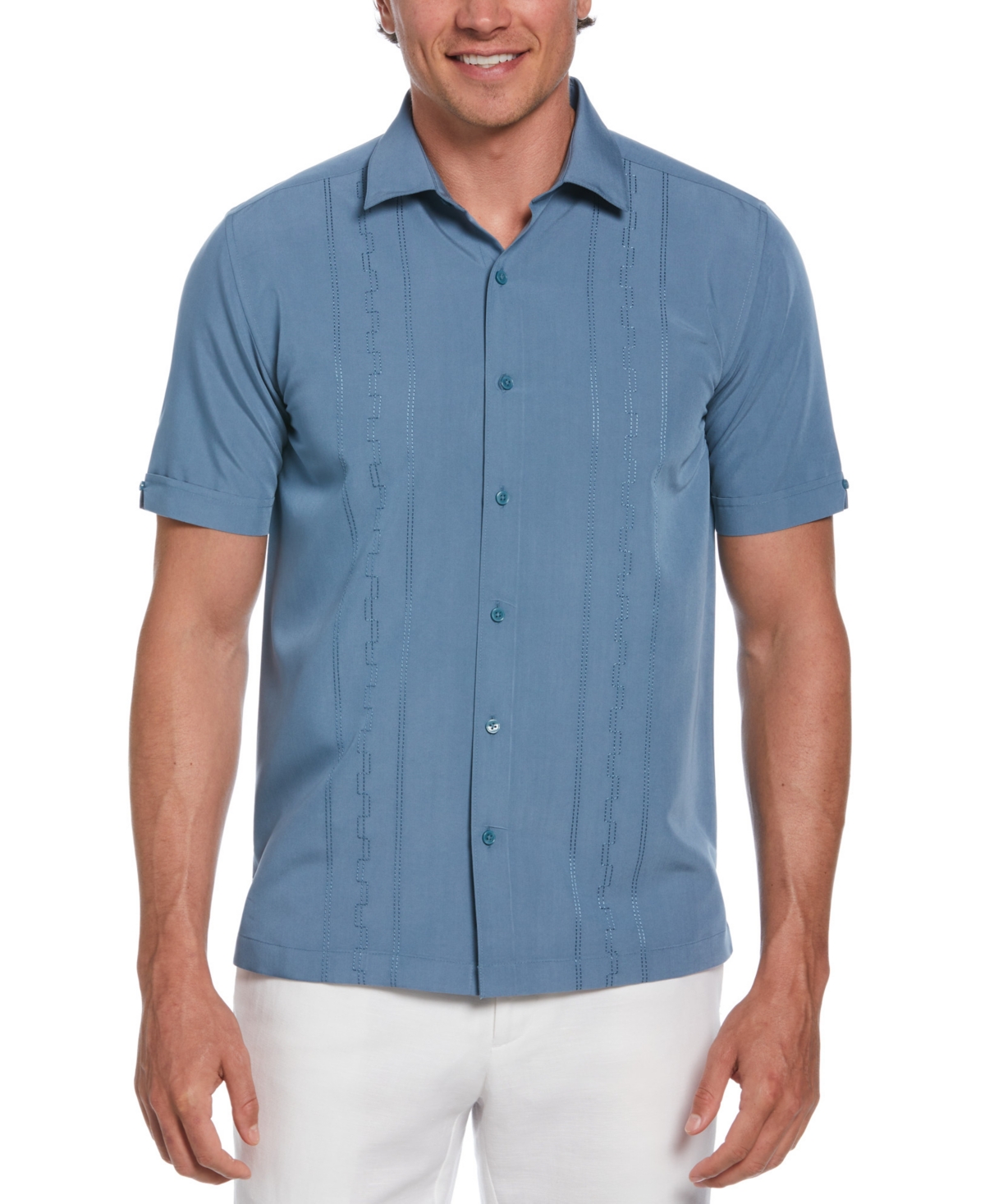 Men's Short Sleeve Button-Front Wide-Panel Embroidered Shirt - Aegean Blue