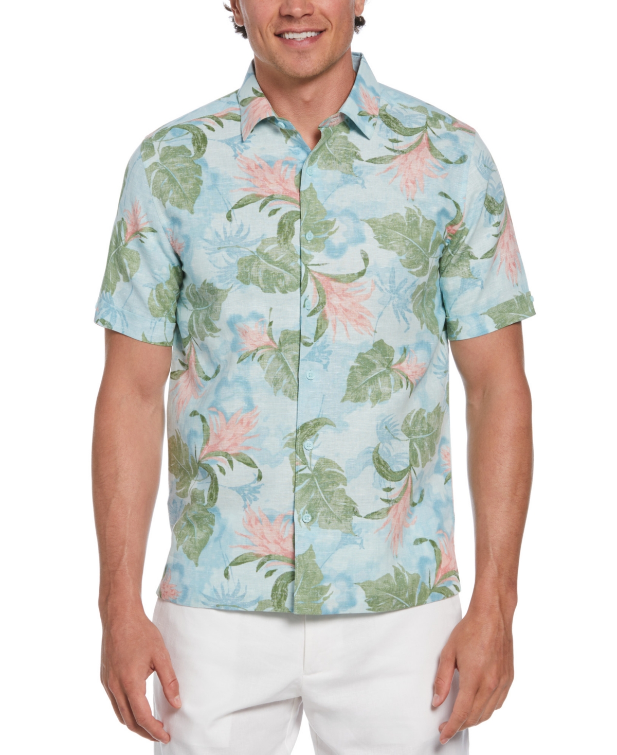 Cubavera Men's Short Sleeve Button-front Tropical Floral Print Shirt In Aqua Esque