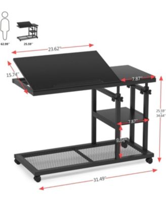 Adjustable C Table with Wheels, Tiltable Laptop Stand & TV Tray with Shelves for Sofa, Bedside, or Couch