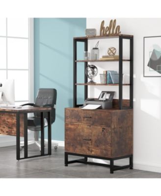 2 Drawer Vertical File Cabinet with Lock & Bookshelf, Letter Size Large Modern Filing Cabinet Printer Stand with Open Storage Shelves