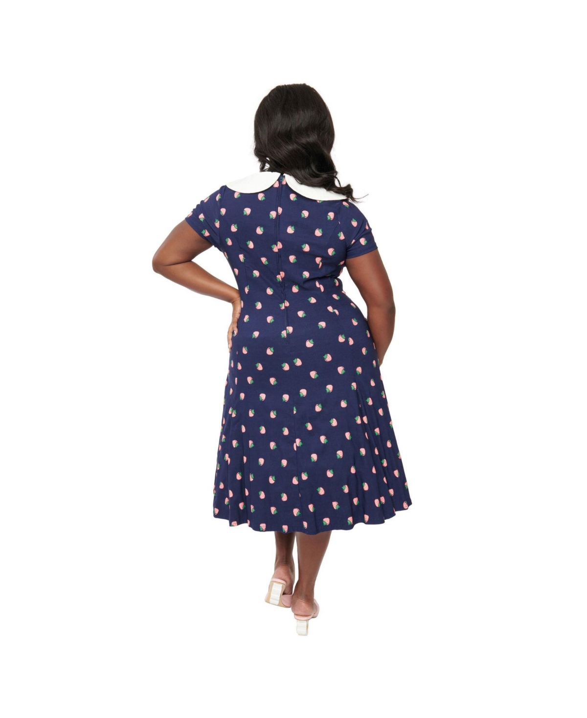Unique Vintage Plus Size Eloise Collared Swing Dress - Navy  pink strawberry print