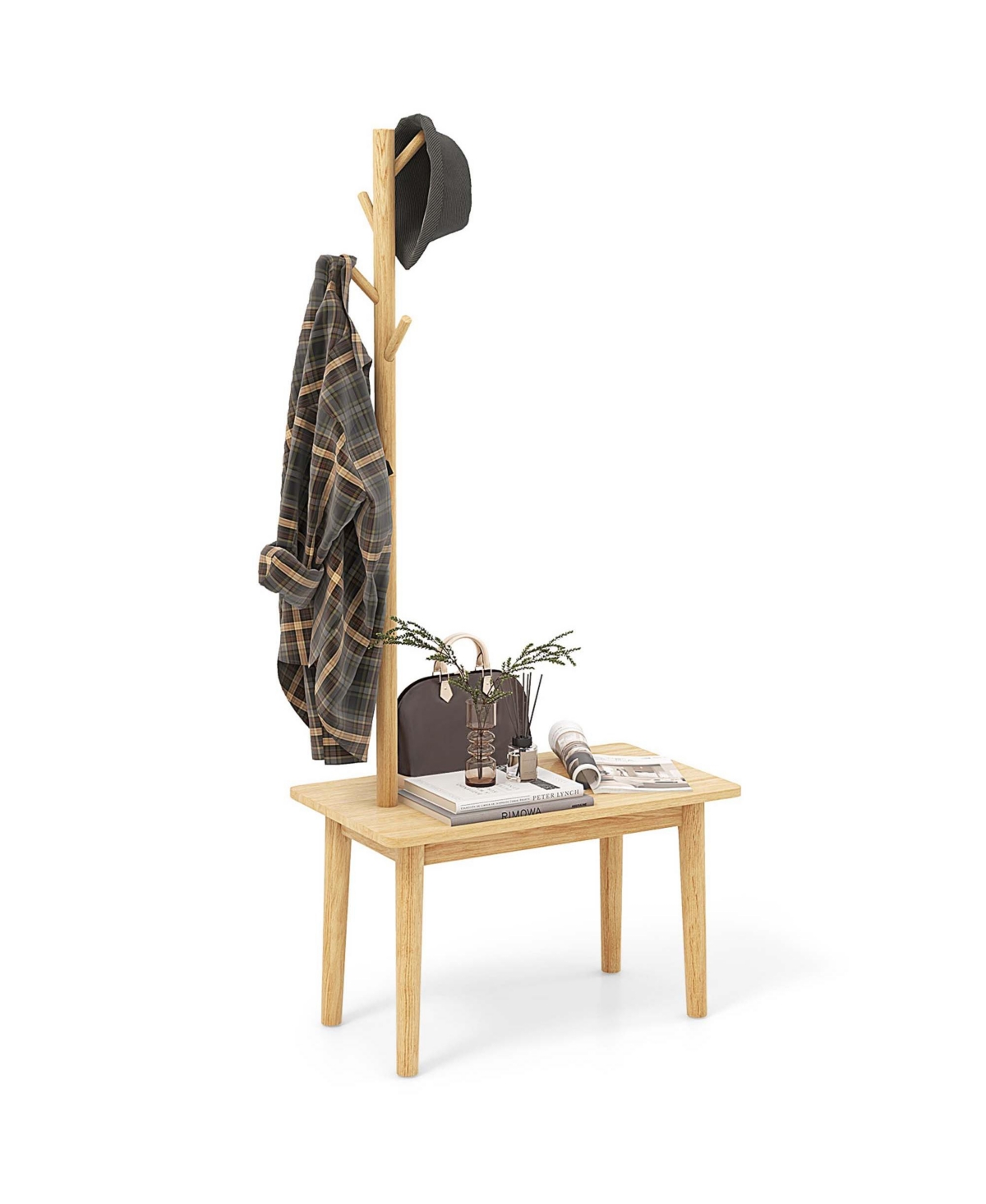 End Table with Coat Rack 2-in-1 Side Table 3 Hooks for Hats Bags Coats Freestanding - Natural