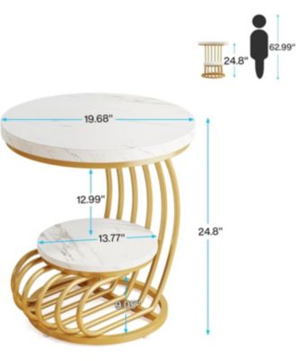 White Gold Round End Table: 2 Tiers Side Table Set of 2, Modern Bedside Nightstand, Metal Faux Marble Accent Table for Living Room