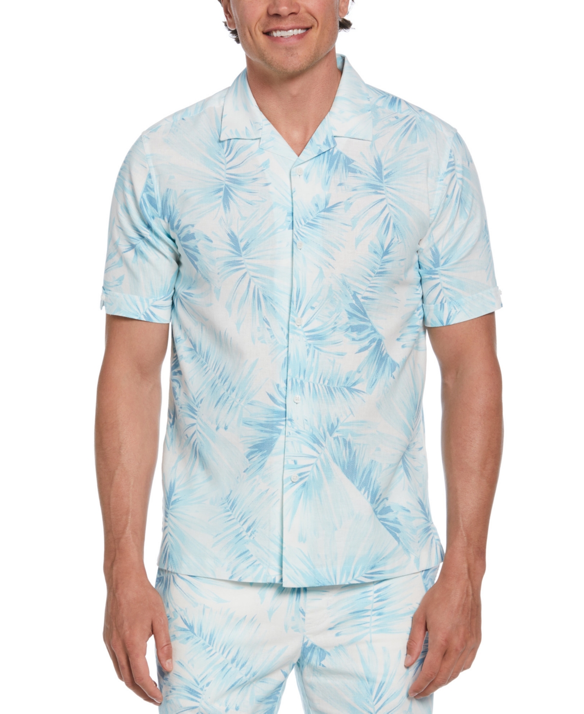Cubavera Men's Textured Short Sleeve Button-front Tropical Palm Print Camp Shirt In Aqua Esque