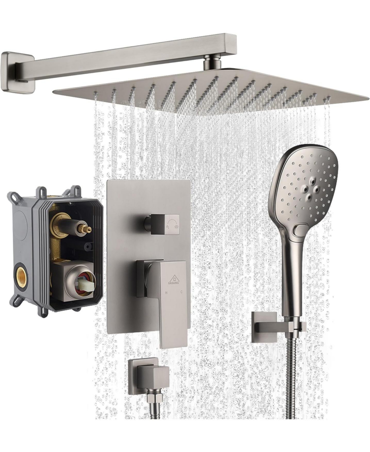 10 Inch Wall Mounted Rainfall Shower Set with 3-Spray Handheld Shower System - Brushed nickel