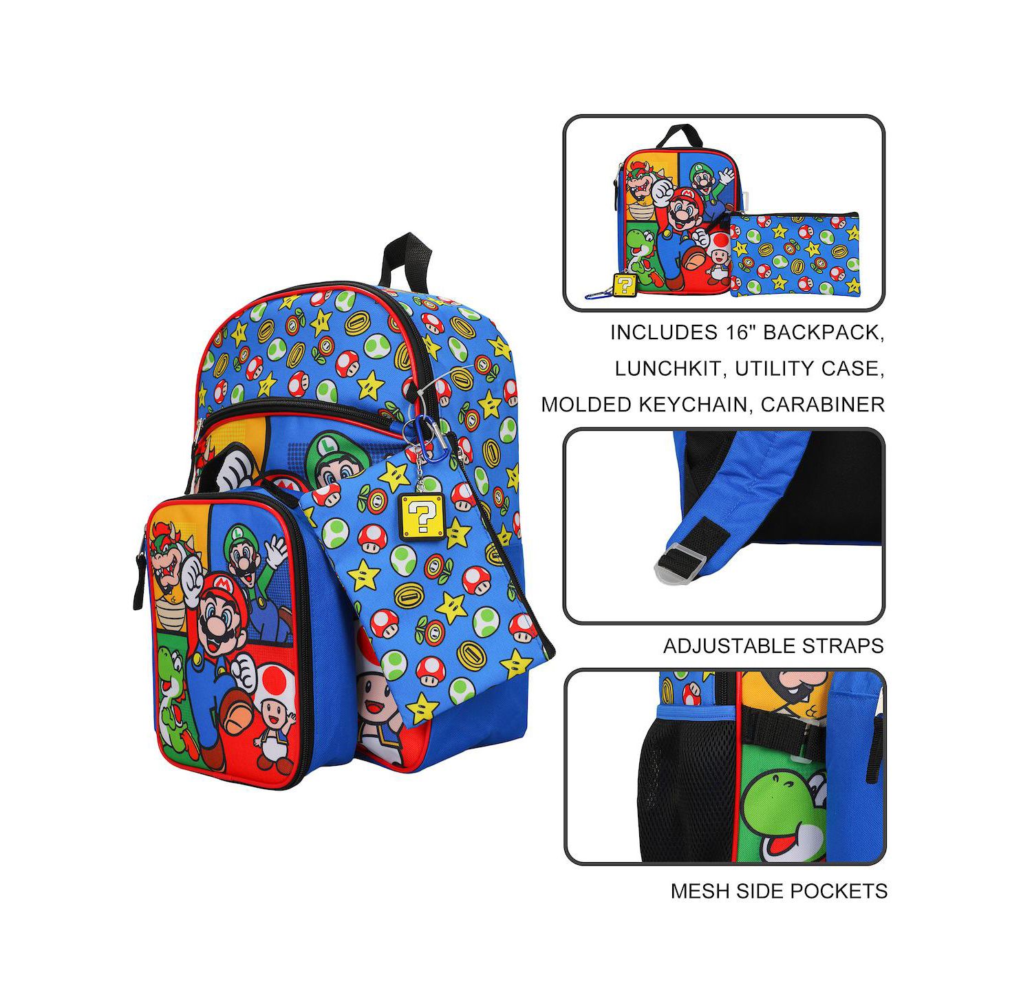 Bros Characters and Power Ups 16 Inch Youth 5 Piece Backpack Set