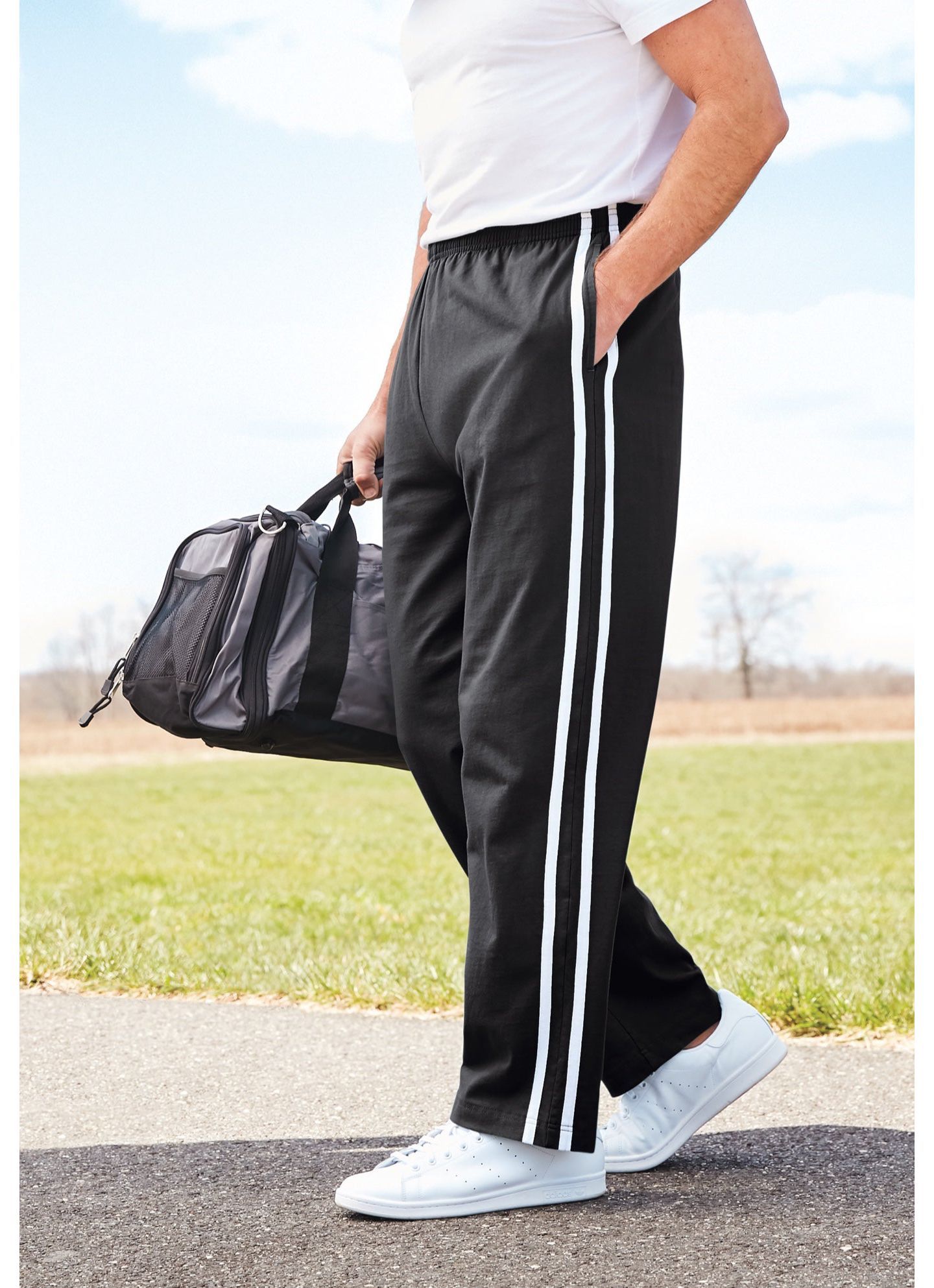 Мужские брюки KingSize Lightweight Jersey Side-Striped Sweatpants, цвет: Чёрный — фото 2