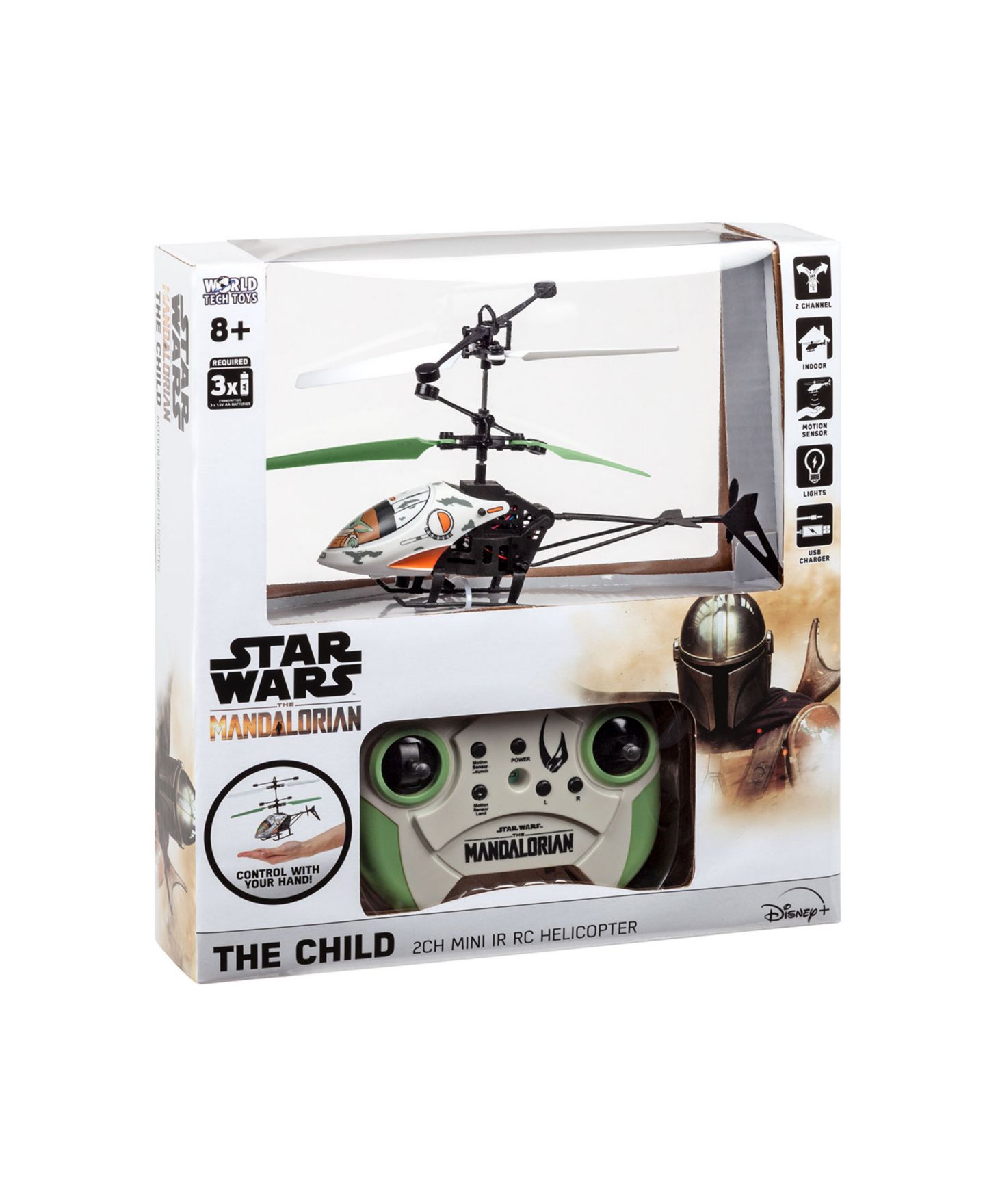 Детская игрушка World Tech Toys Star Wars The Mandalorian Baby Yoda Motion Sensor LED Light RC Helicopter — фото 7