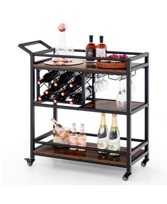 Costway 3-tier Bar Cart on Wheels Home Kitchen Serving Cart with Wine Rack & Glass Holder - Macy's