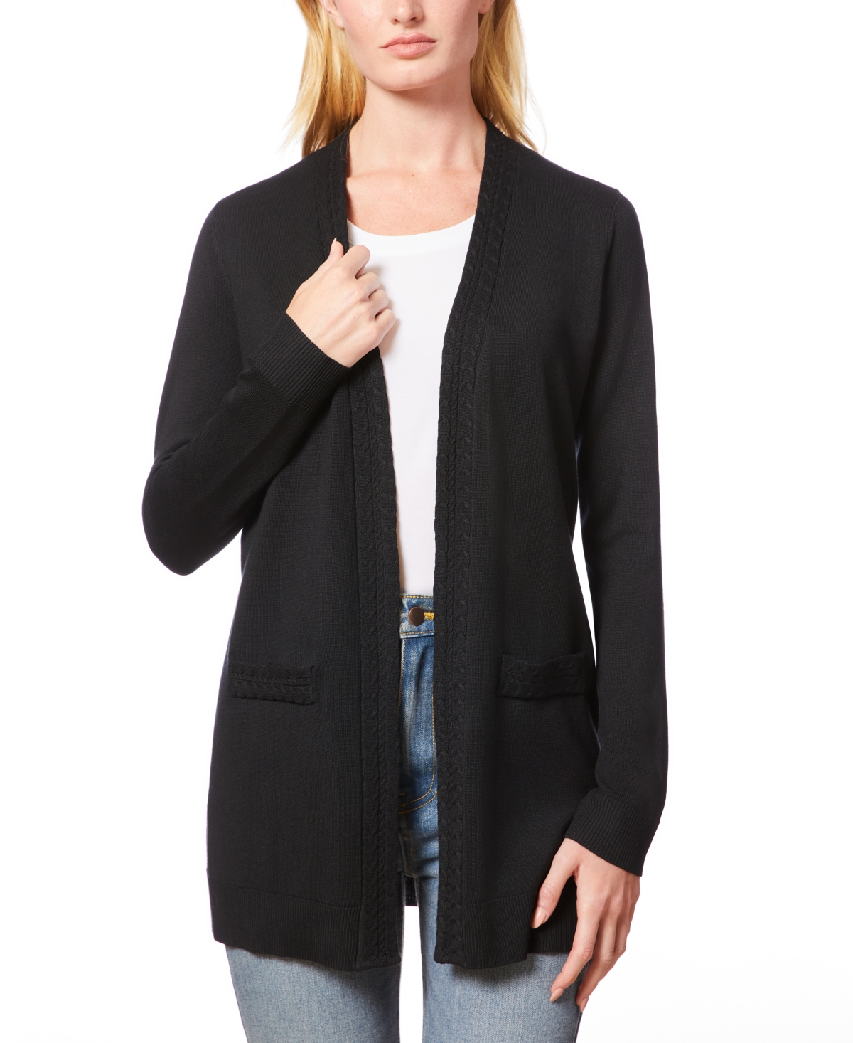 Melissa Paige Plus Womens Striped Knit Cardigan Sweater In Jet Black