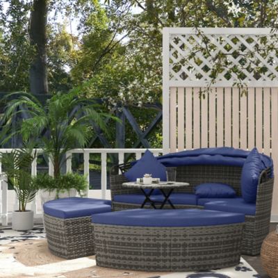 Daybed Patio Furniture Set, Chairs, Sofa, Table Ottoman, Dark Blue