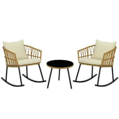 3 Piece Patio Rocking Chair Patio Set w/ Cushions and Glass Top,