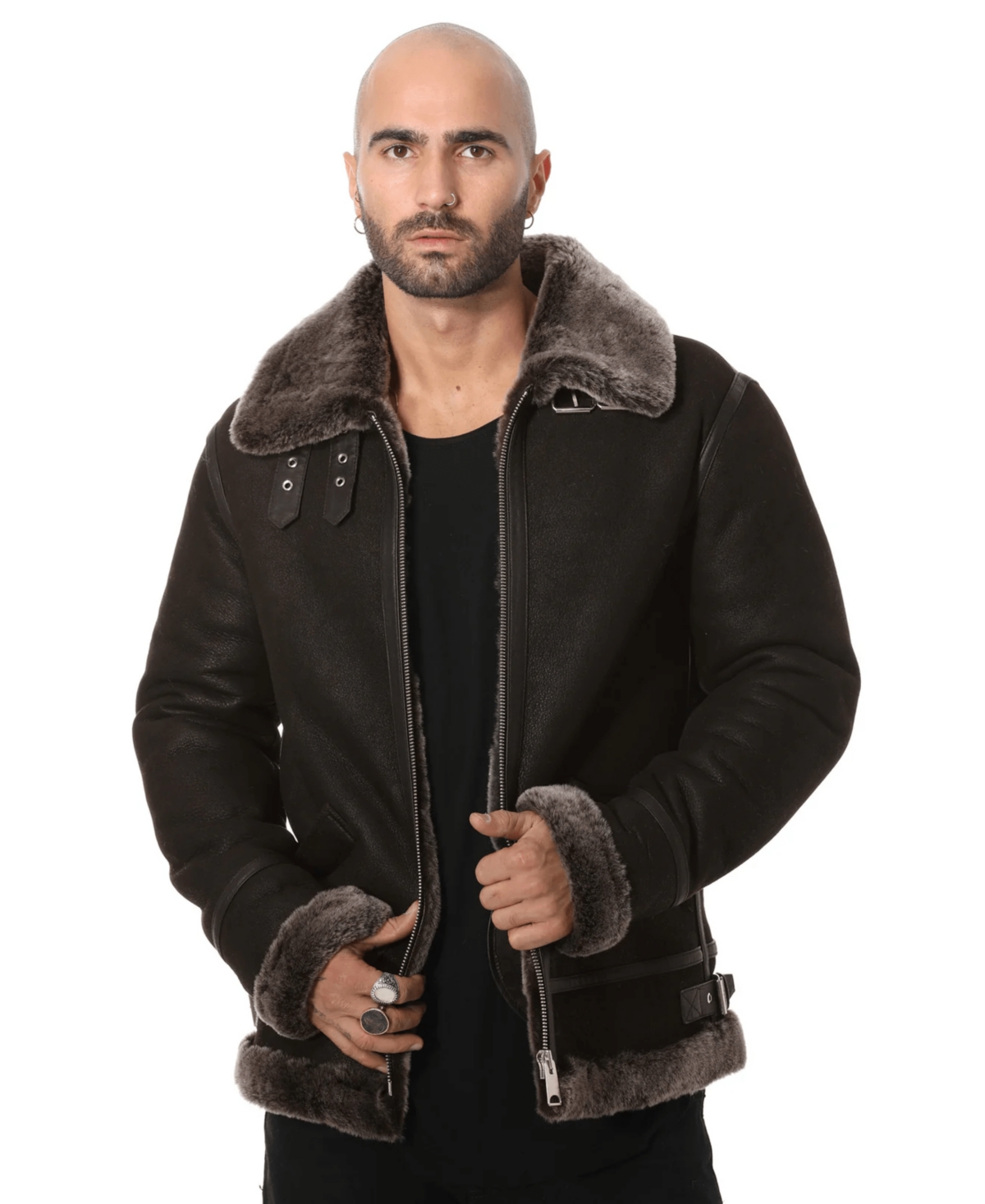 Furniq Uk Men's Shearling Biker Jacket, Vintage Like Camel with Beige Curly Wool