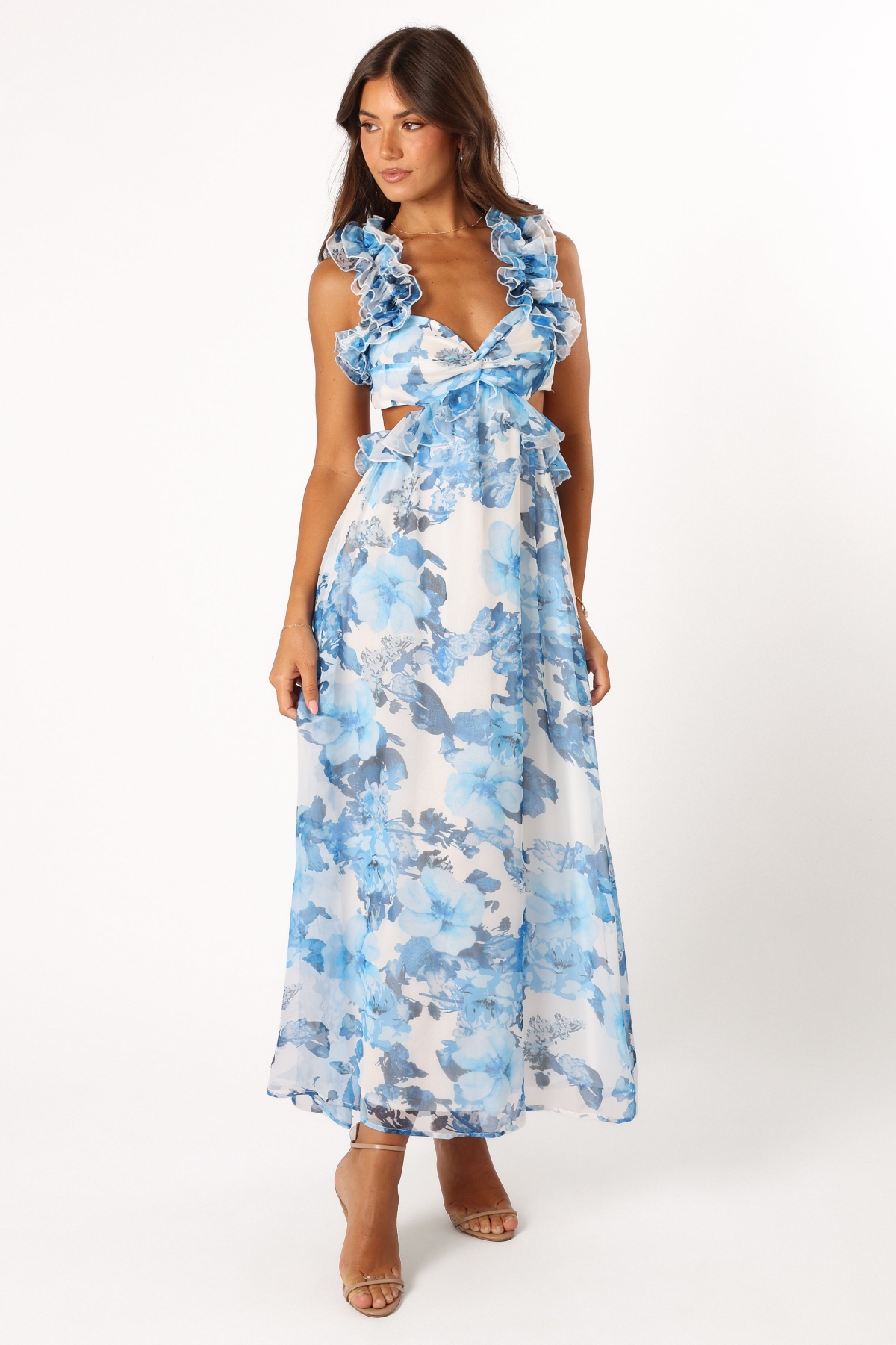 Women's Lucah Frill Shoulder Maxi Dress - Blue white floral