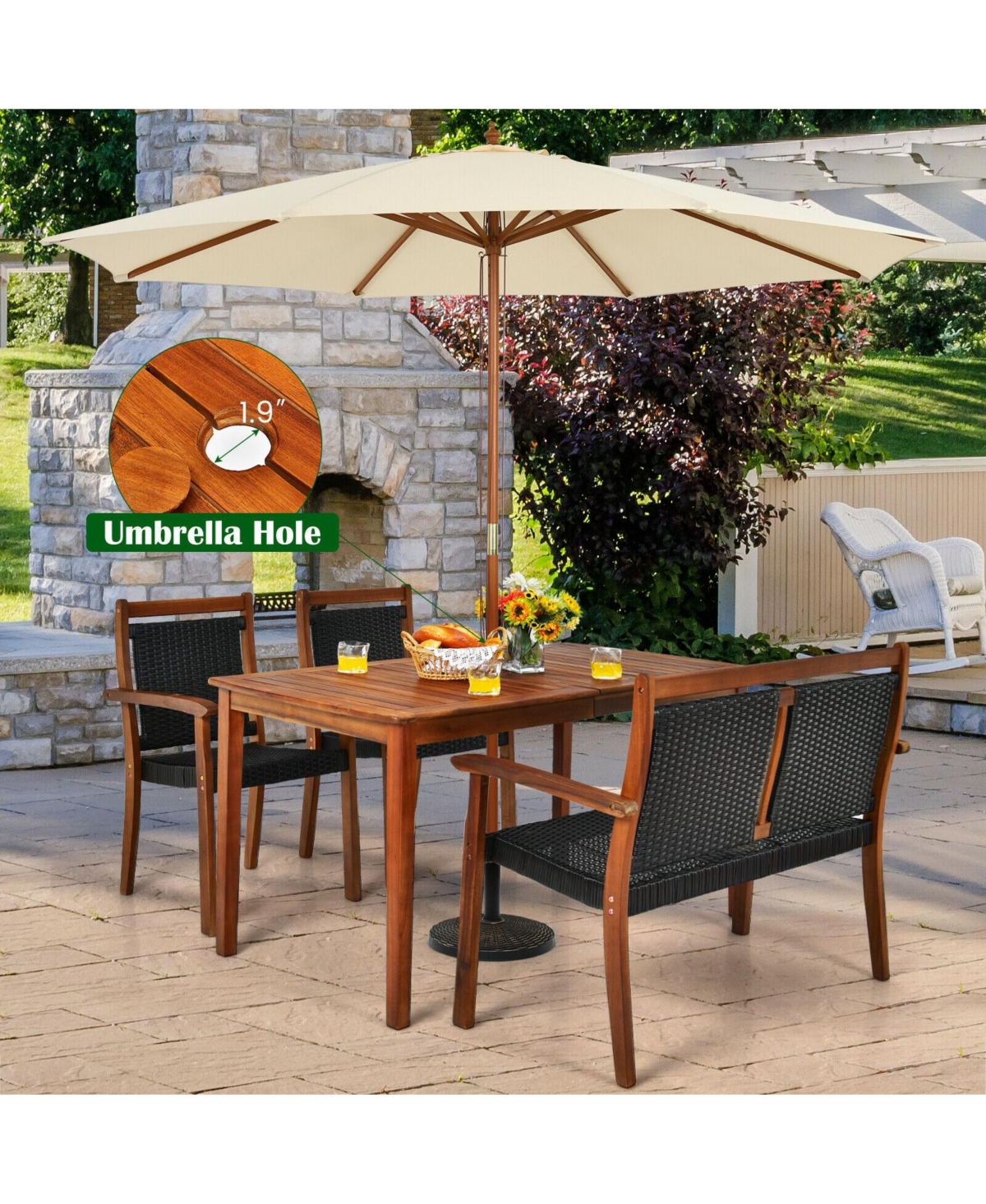 Vebreda 4 Pieces Acacia Wood Patio Rattan Dining Furniture Set