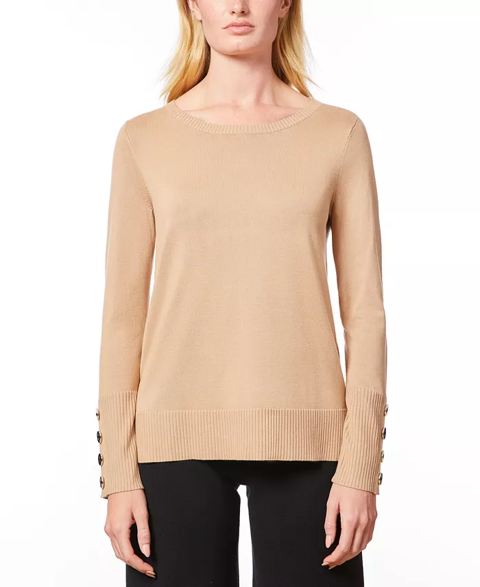 Women's Fine Gauge Boat-Neck Buttoned-Cuff Sweater - thumbnail 7
