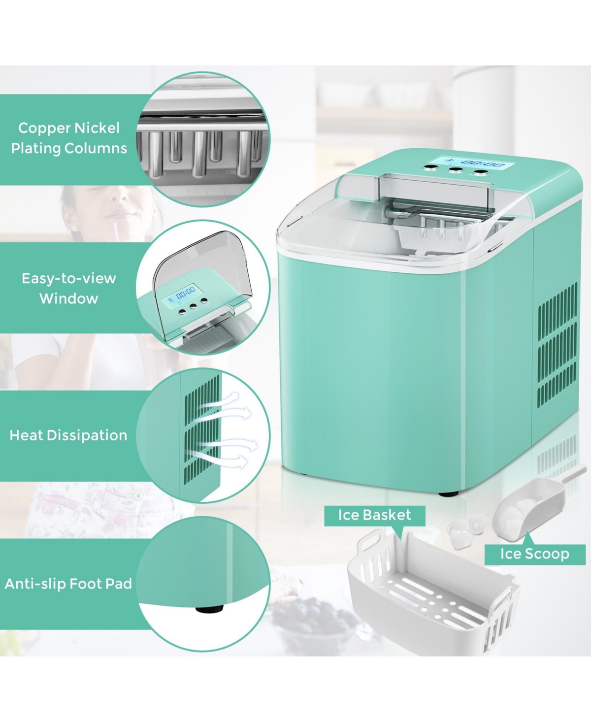 Inolait 26 lbs Countertop Lcd Display Ice Maker with Ice Scoop