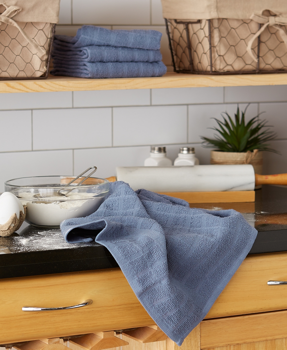 Design Imports Basic Terry Collection Windowpane Dishtowel Set, 16x26", Stonewash Solid, 4 Piece In Stonewash Solid