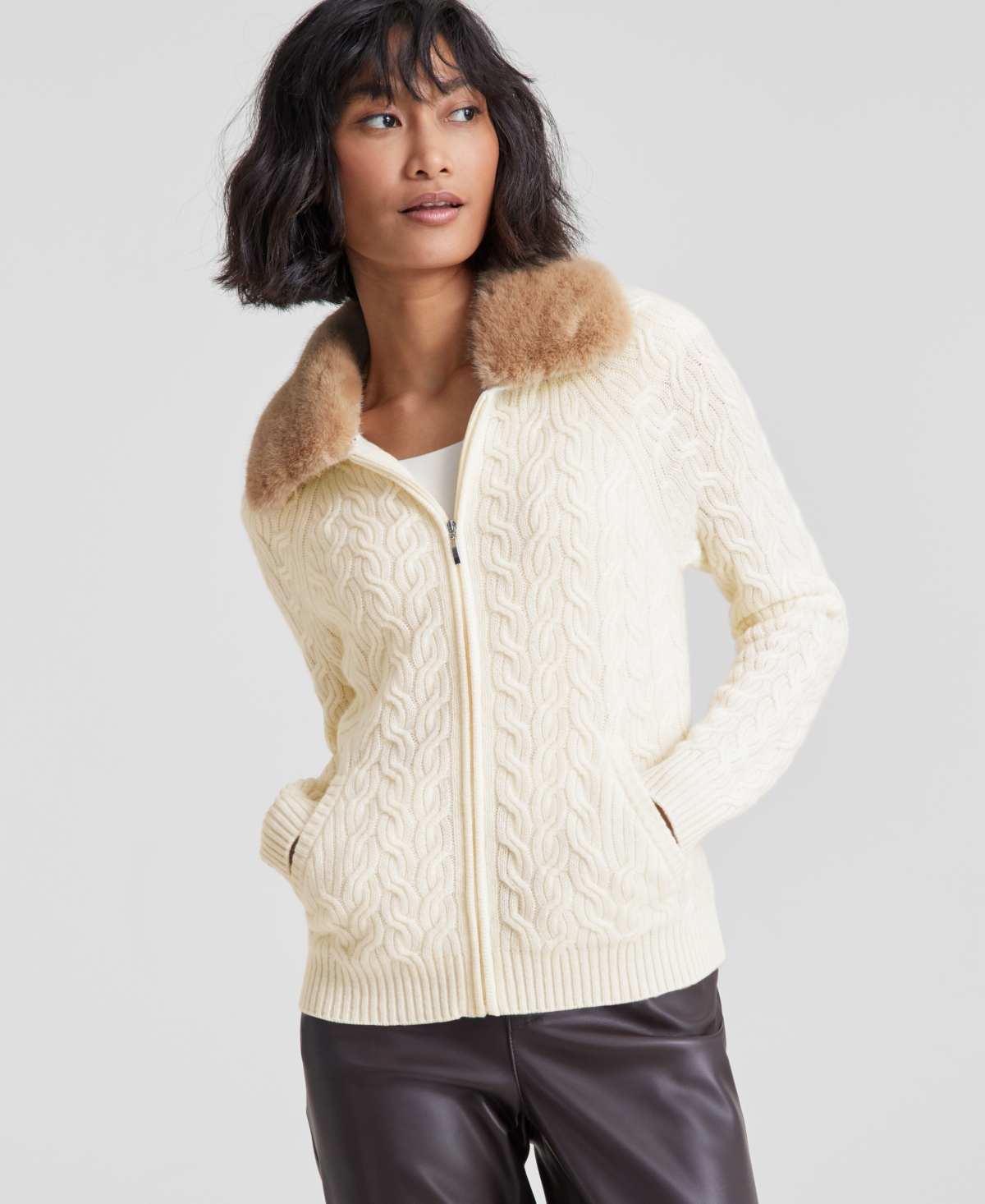 Charter Club Women s Cashmere Faux Fur Collar Cable Knit Jacket Created for Macy s Vanilla Ice Smart Closet