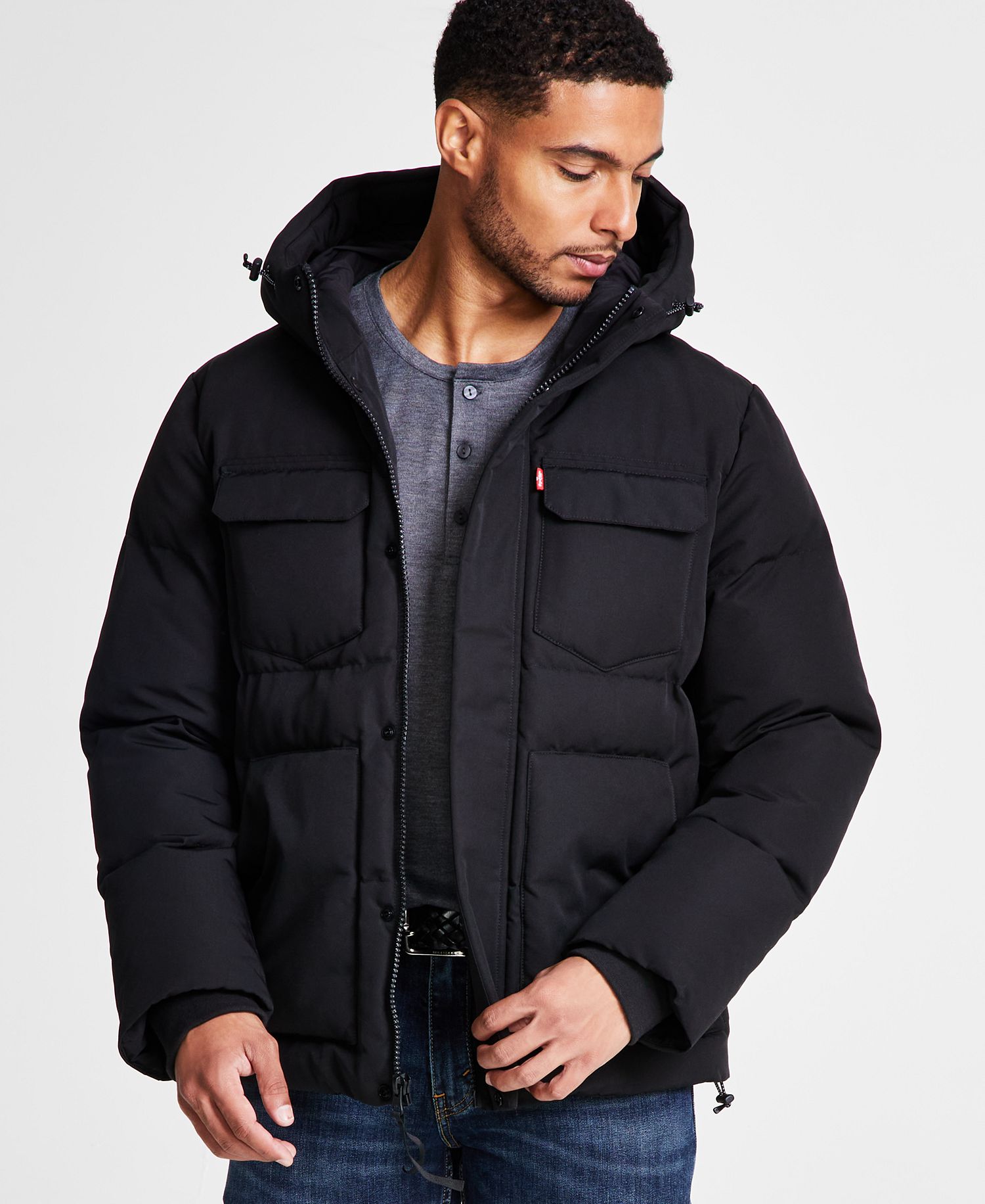 Levi's Men's 2-Chest Pocket Hooded Puffer (Size: Medium, Navy)