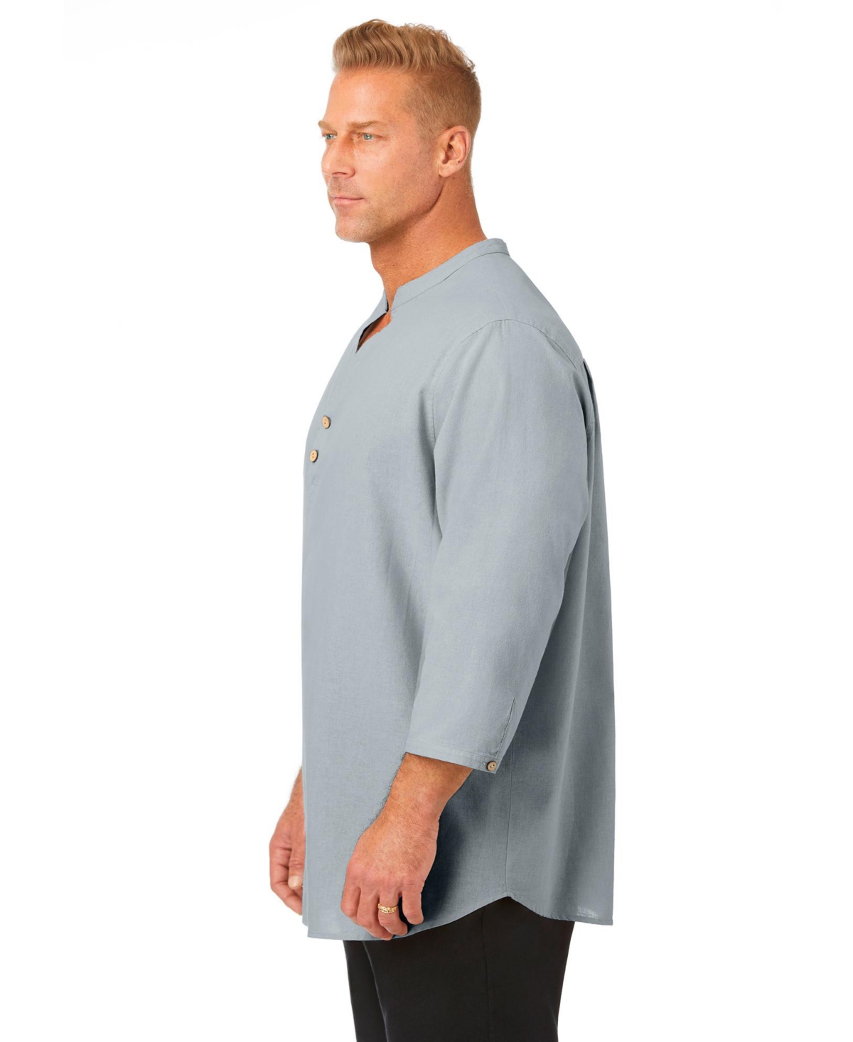 Big & Tall Hemp Mandarin Collar Shirt - Light grey