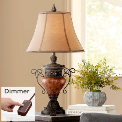 Traditional Rustic Urn Table Lamp with Table Top Dimmer 31.5" Tall Bronze Finish Bell Shade for Living Room Bedroom House Home