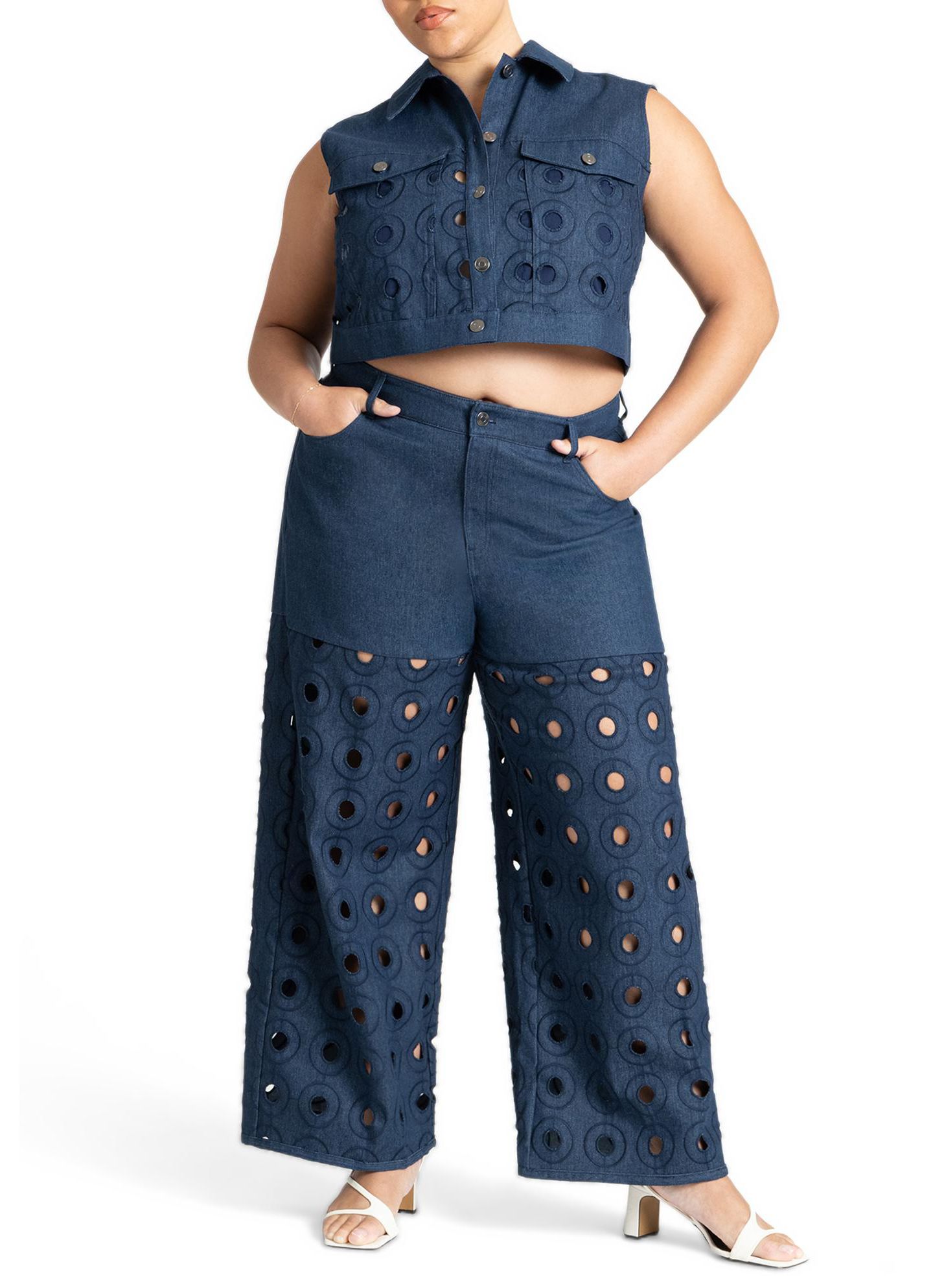 Женские брюки ELOQUII Circular Cutout Denim Pant, цвет: Тёмная варка джинсовый — фото 3