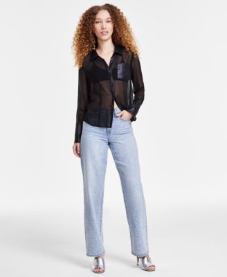 DKNY Jeans - Women's Studded High-Rise Wide-Leg Jeans