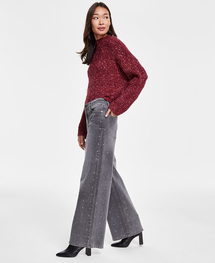 SIZE 25. DKNY Jeans Women's High-Rise Rhinestone Wide-Leg Jeans - Black - 25